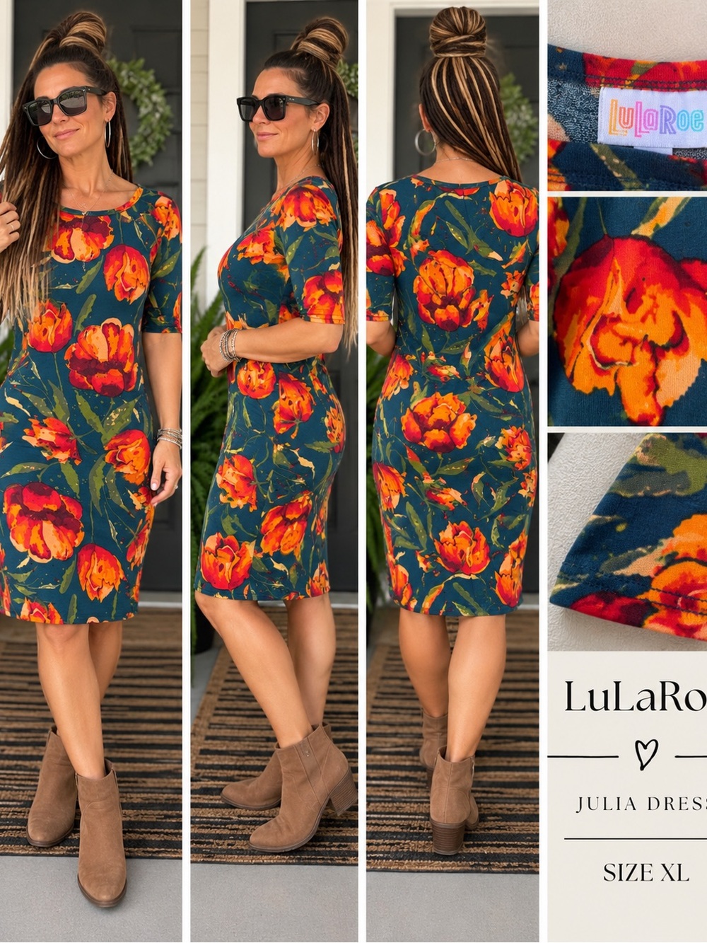 LuLaRoe Julia Dress in Teal with Orange Floral